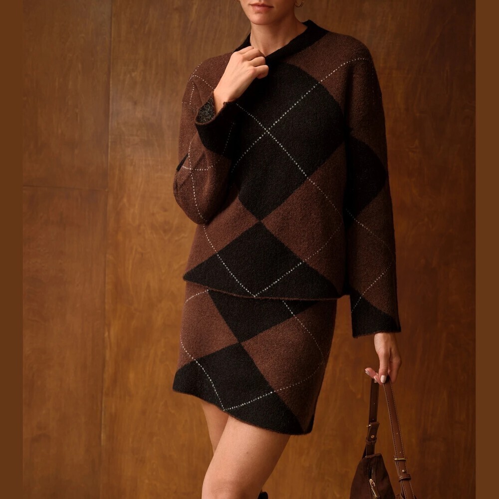Brown Black Argyle Knit Sweater and Mini Skirt Two Piece Set